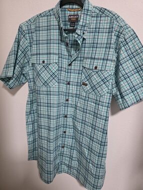 Ariat Short Sleeve Plaid Button-Down Shirt in Teal and Navy